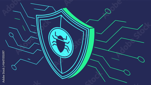 Cyber security shield with bug vector illustration for network protection and antivirus software concept design