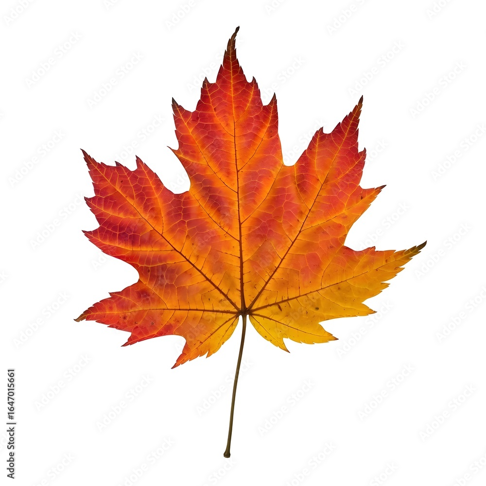 Fototapeta premium Isolated image of a vibrant maple leaf showing autumn colors on a white background in studio shot style