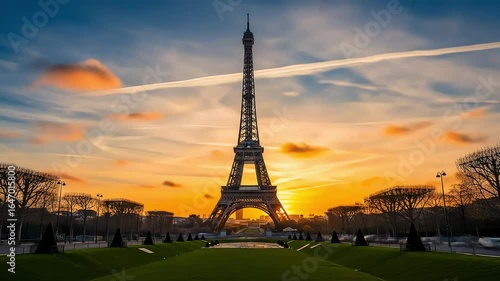Eiffel Tower at Sunset in Paris France with Orange Sky over Park Landscape