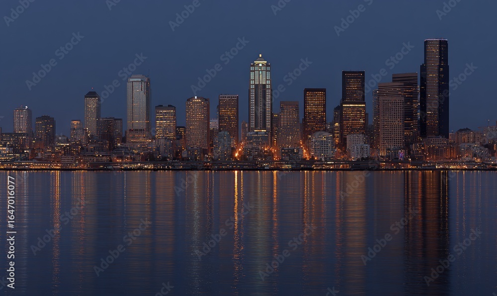 Naklejka premium Seattle skyline at twilight, reflected in calm water