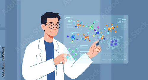 Scientist Analyzing Molecular Structures on Futuristic Display