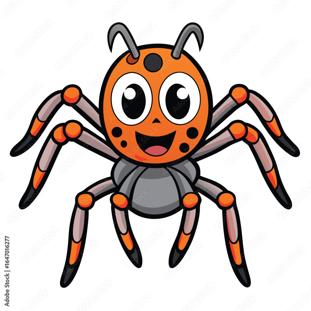 Fototapeta premium Smiling Orange Cartoon Spider with Eight Legs on White Background