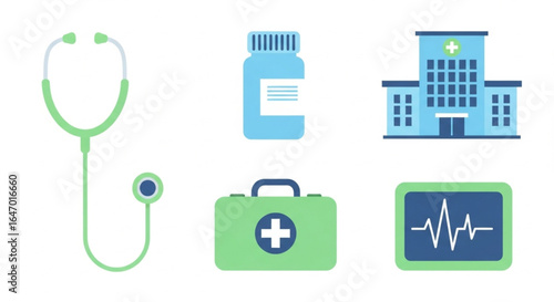 Medical equipment and hospital building icons, representing healthcare and professional medical services