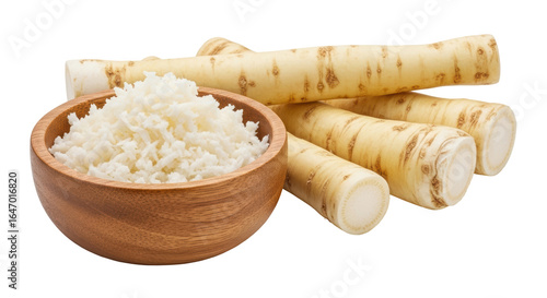 Isolated Horseradish with Wooden Bowl