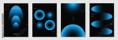 Modern gradient poster on dark background vector set. Cover template with blue perspective geometric shapes different. Modern Design for wall art, flyers, brochures, covers and web banners.