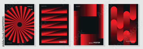 Modern gradient poster on dark background vector set. Cover template with red perspective geometric shapes different. Modern Design for wall art, flyers, brochures, covers and web banners.