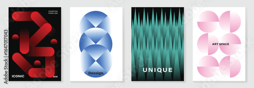 Modern gradient poster on dark and white background vector set. Cover template with vibrant perspective geometric shapes different. Modern Design for wall art, flyer, brochures, covers and web banner.