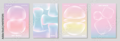 Modern gradient liquid glass poster background vector set.Cover template with perspective geometric prism shape. Ideal design for social media, cover, banner, wallpaper, promotion, ads.