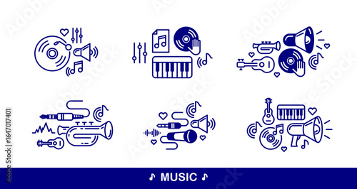 Music and recording studio vector detailed icons set, sound producing and audio engineering bundle, playing instruments.