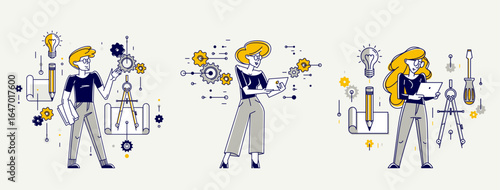 Mechanic engineer working on a draft plan vector illustration set, inventor or repair job, engineering machine industry, system technician.