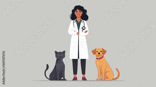 A women in lab coats, posing with their dog and cat, The background is gray.