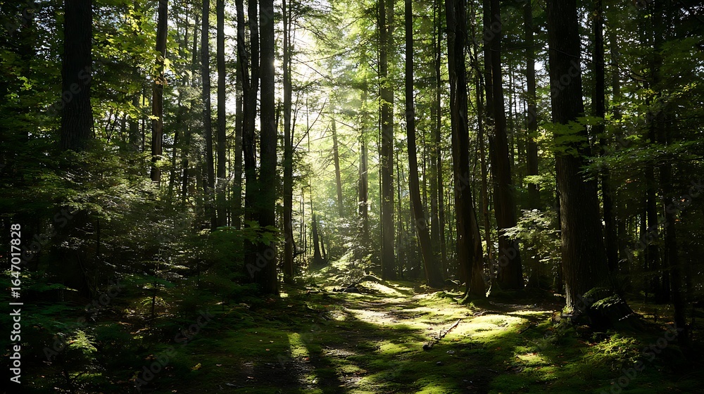 Obraz premium Sunlight streams through a dense forest.
