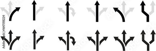 Way direction arrow sign icon set. three arrow, way sign, road direction icon vector. three-way direction arrow sign.Way pointer symbol. Turn arrow navigation sign. Traffic route vector illustration.