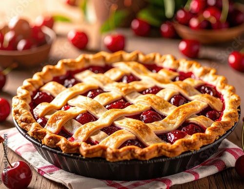 Freshly baked cherry pie with lattice crust and ripe cherries on rustic table