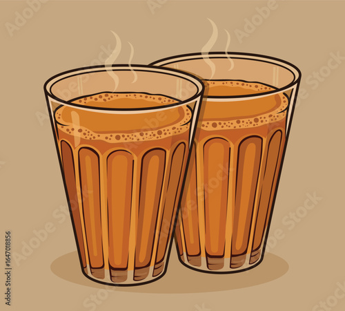 Hot Indian Chai in Glass Vector Illustration, Steaming Roadside Tea in Traditional Glasses, Flat Style, Perfect for Cafe Menu and Beverage Design