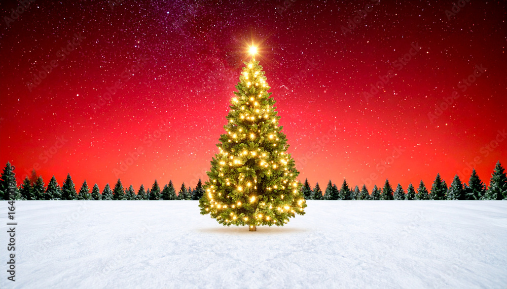 Naklejka premium Christmas tree snow winter lights star night forest holiday decoration festive