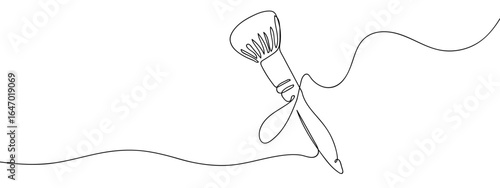Continuous hand drawn line of makeup brush, isolated on transparent background, editable stroke.