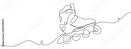 Continuous hand drawn line of rollerblades, isolated on transparent background, editable stroke.