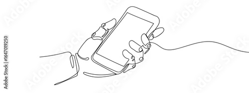 Continuous line drawing of robot hand holding smartphone, isolated on transparent background, editable stroke.