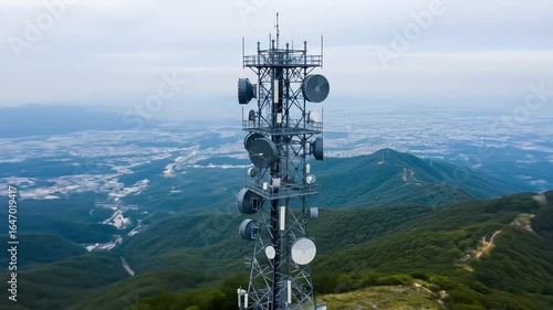 Telecommunication Tower on Green Mountain with Misty Cityscape Background Under Overcast Sky at Daytime for Wireless Communication