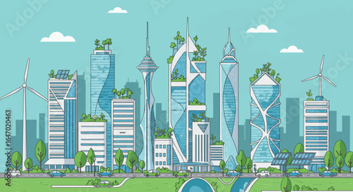 Futuristic Green Cityscape with Sustainable Energy