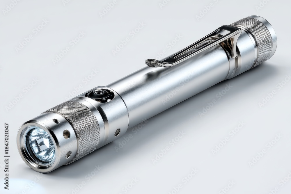 Silver flashlight with metal clip on a plain background, equipment Silver flashlight with metal clip on a plain background, equipment
