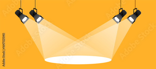  Stage Spotlights with Crossing Light Beams on Yellow Background – Vector Illustration