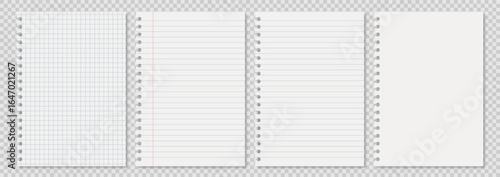 Spiral Notebook Pages Set — Lined, Grid & Blank on Transparent Background