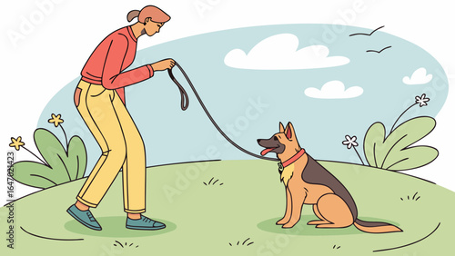 Dog training illustration: woman training german shepherd dog on leash in park outdoors vector image