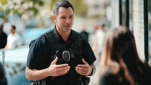 Friendly police officer chatting with civilian on street