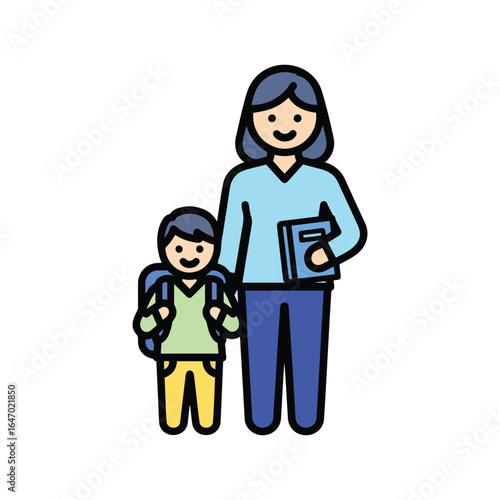 This vivid clip art illustrates a caring teacher alongside a young boy student