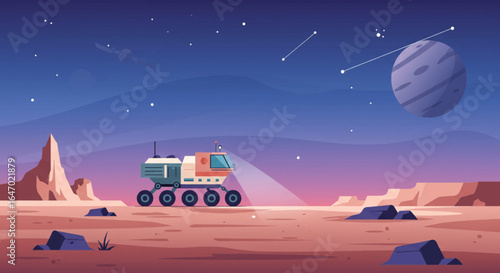 Futuristic Mars Rover Exploring Alien Planet Landscape