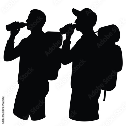 Hikers drinking from bottles backpacks silhouettes