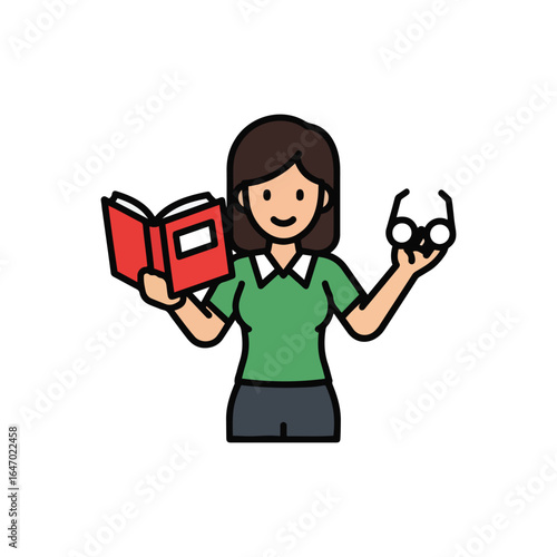 A smiling cartoon woman with brown hair holding a red book and a pair of glasses.