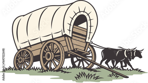 Explore the wild west with this vintage covered wagon and team of oxen clip art vector illustration
