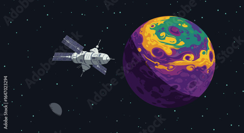 Futuristic Spacecraft Approaching Colorful Alien Planet