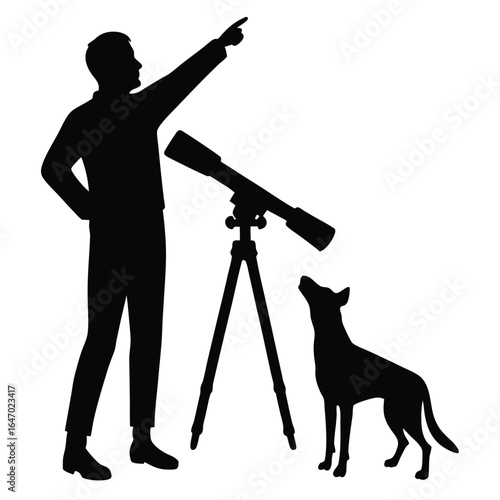 Man pointing with dog and telescope silhouette
