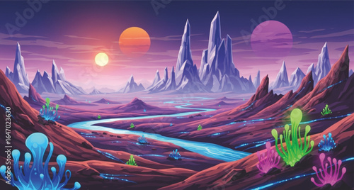 Colorful alien landscape with crystal mountains and glowing sky—fantasy background for games, stories and posters. 