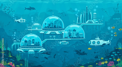 Futuristic Underwater City with Dolphins and Submarines