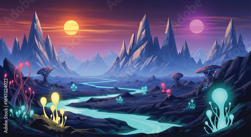 Fantasy night valley with glowing aurora and river—mystical scenic background for screens and posters