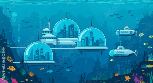 Futuristic Underwater City With Submarines and Marine Life