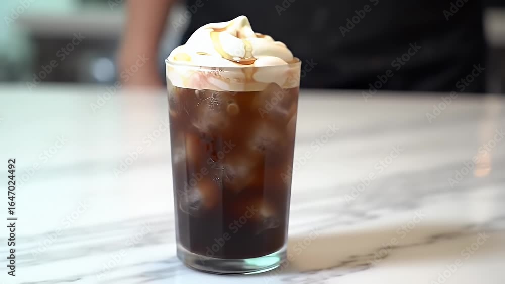 Iced Coffee with Creamy Topping and Caramel Drizzle on a Marble Table in Cafe Iced Coffee with Creamy Topping and Caramel Drizzle on a Marble Table in Cafe