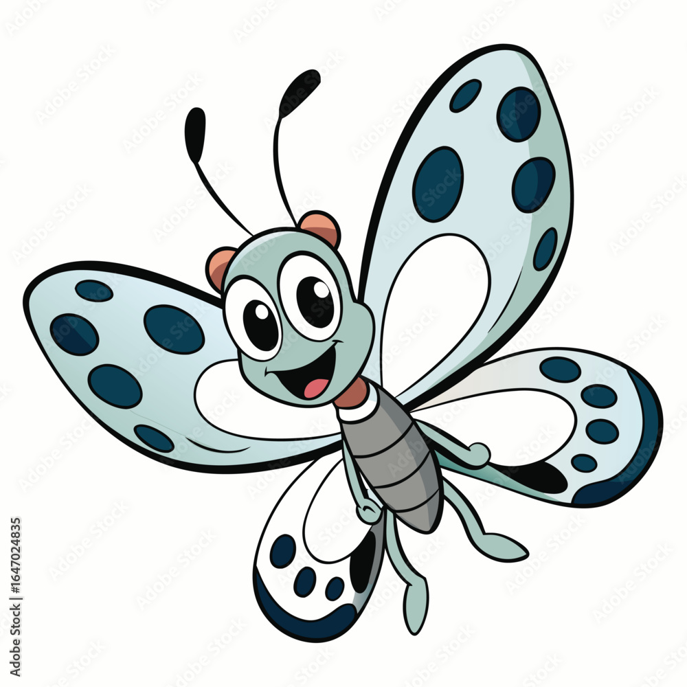Fototapeta premium Joyful Cartoon Butterfly Character with Spotted Wings on White Background Design