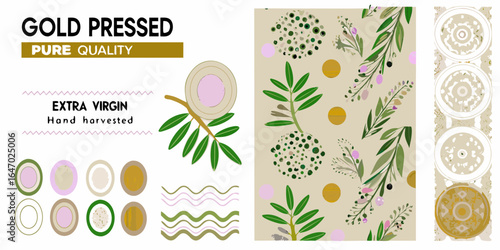 Gold pressed pure quality extra virgin hand harvested olive oil branding elements