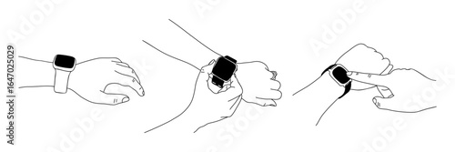 Set of Hands wearing smart watch on wrist, touching screen with finger. Modern technology concept. Vector outline sketch drawing isolated on transparent background