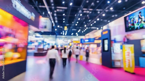 Vibrant trade show with attendees exploring various colorful booths and displays.