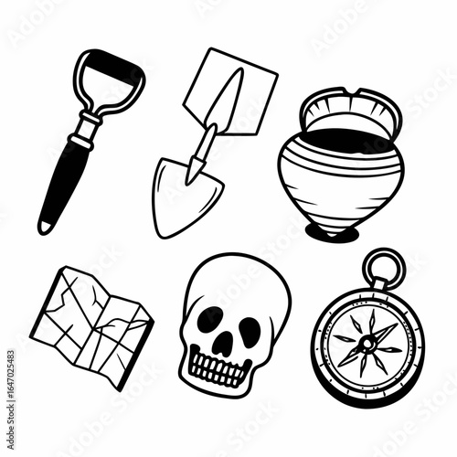 Archaeology and pirate icons set, compass, skull, shovel isolated on white background