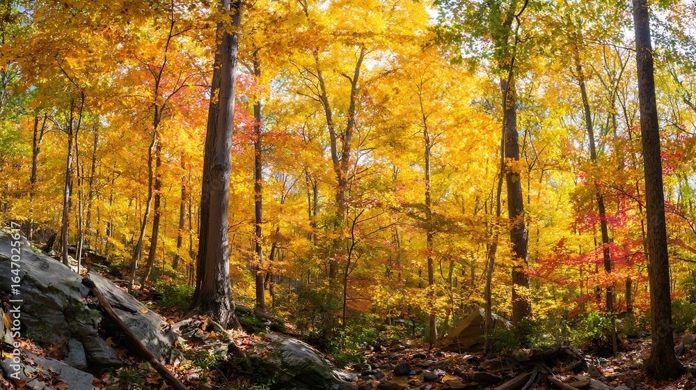 Obraz premium Autumn foliage ablaze in a sunlit woodland.