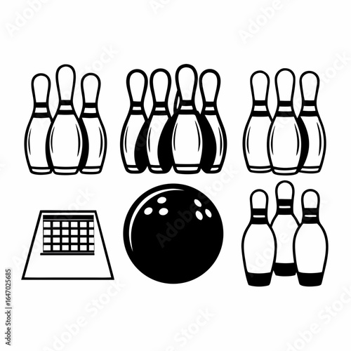 Bowling ball and pins isolated on white background