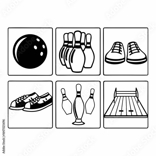 Bowling ball, pins and shoes isolated on white background